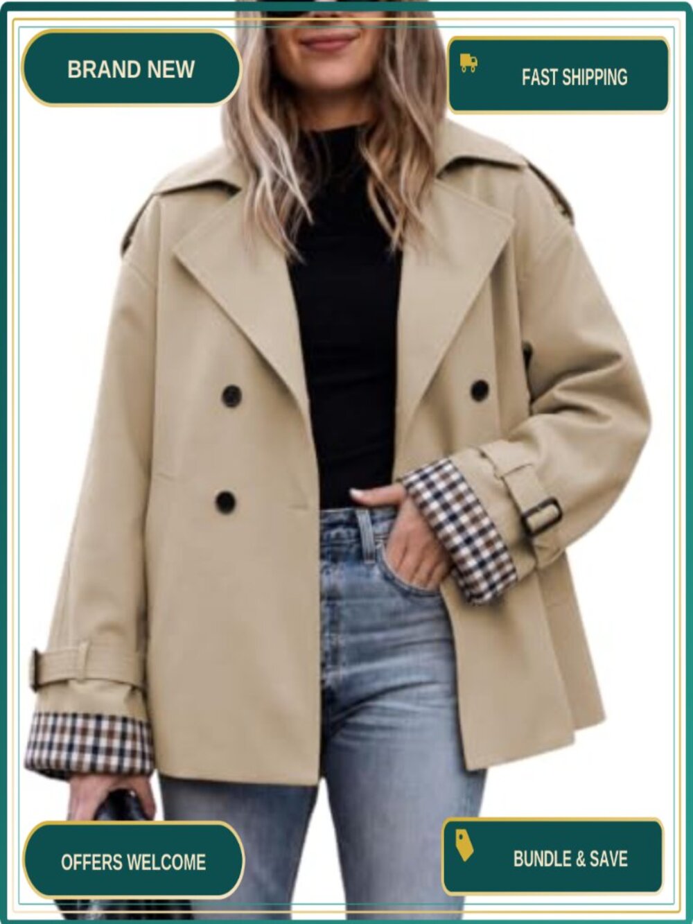 Oversized Cropped Trench Coat Double Breasted 100% Polyester Jacket